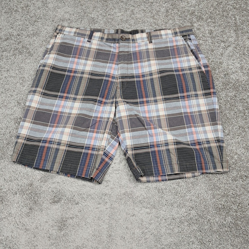 Claiborne‎ Mens Plaid Flat Front Shorts Grey Blue Orange Cotton Size 38